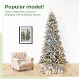 10' Flocked Livingston Fir Artificial Christmas Tree with Pine Cones, 750 Clear Warm LED Lights and 2424 Bendable Branches