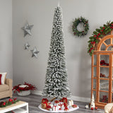 10' Flocked Pencil Artificial Christmas Tree with 700 Clear Lights and 1145 Bendable Branches