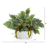 10” Mixed Ficus and Fittonia Artificial Plant in White Tin Planter