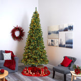 10' White Mountain Pine Artificial Christmas Tree with 850 Clear LED Lights and Pine Cones