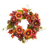 24” Autumn Sunflower, Pumpkin, Pinecone and Berries Fall Artificial Wreat