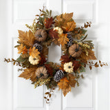 24” Fall Pumpkins, Pine Cones and Berries Artificial Wreath