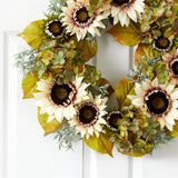 24” White Sunflower and Hydrangea Artificial Autumn Wreath