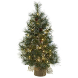 3' Christmas Tree w/Clear Lights, Frosted Tips, Pine Cones & Burlap Bag