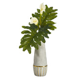 30” Calla Lily Artificial Arrangement in Stoneware Oval Vase with Gold Trimming