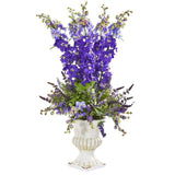 34” Delphinium and Lavender Arrangement in White Urn