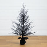 4' Pre-Lit Halloween Black Twig Artificial Fall Tree in Burlap Planter with 63 Warm White LED Lights