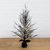 4' Pre-Lit Halloween Black Twig Artificial Fall Tree in Burlap Planter with 63 Warm White LED Lights
