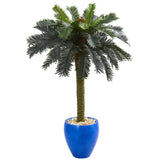 4' Sago Palm Artificial Tree in Glazed Blue Planter