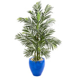 4.5' Areca Palm Artificial Tree in Glazed Blue Planter  (Indoor/Outdoor)