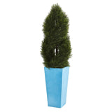4.5' Double Pond Cypress Spiral Artificial Tree in Turquoise Planter (Indoor/Outdoor)