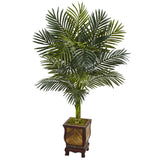 4.5' Golden Cane Palm Tree in Wooden Decorated Planter