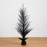 5' Pre-Lit Halloween Black Twig Artificial Fall Tree in Burlap Planter with 85 Warm White LED Lights