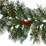 9' Frosted Swiss Pine Artificial Garland with 50 Clear LED Lights and Berries